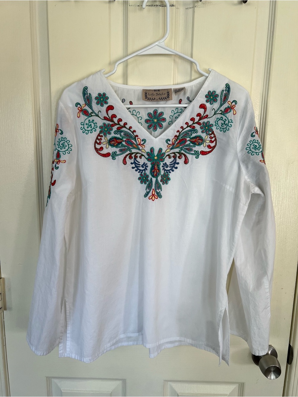 Life Style White Embroidered Cotton Boho Tunic Blouse Large